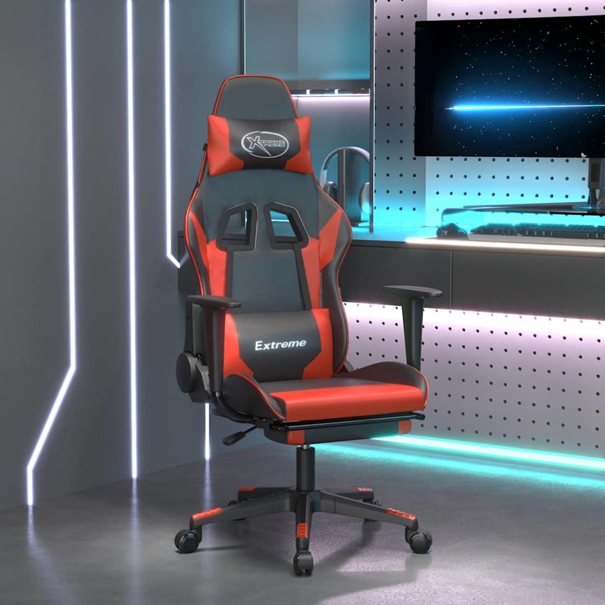 vidaXL Massage - gamestoel - met - voetensteun - kunstleer - zwart - en - rood zwart en rood