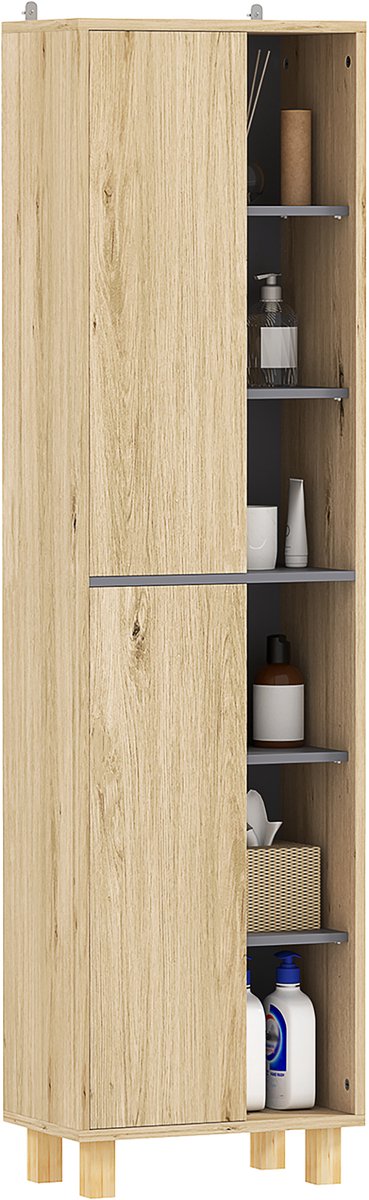 Badkamerkast – badkamerkast met 6 open vakken en 2 kastdeuren – afmetingen: 40 x 24 x 148 cm (breedte x diepte x hoogte)