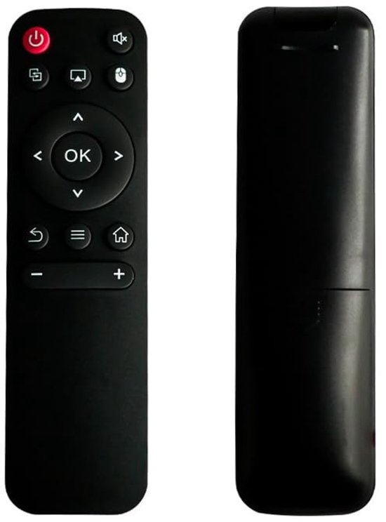 Un ensemble de deux télécommandes noires, l'une avec des boutons et l'autre sans, sur fond blanc.