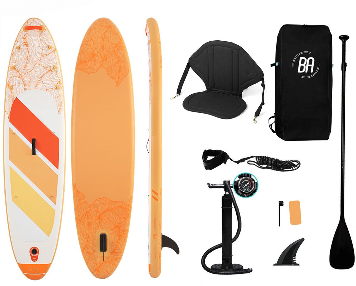 Best Active Solara SUP Board XL - 320x81x15cm - Belastbaarheid Max. 170KG - Opblaasbaar Paddle Board - Complete Set - Inclusief SUP Zitje - Met Pomp / Draagtas / Verstelbare Peddel / Enkelkoord / Reparatiekit - Oranje