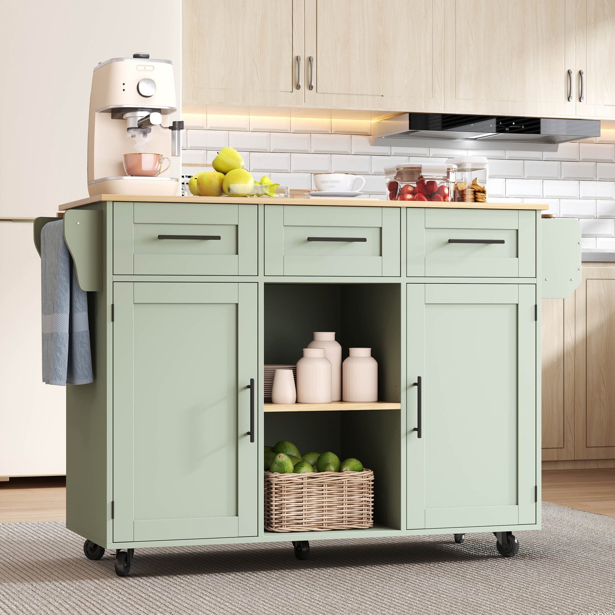VVBV Keukentrolley 139x46x91.5 cm - Op Wielen, Inklapbaar Werkblad, Werkblad, Opbergruimte - Groen, MDF