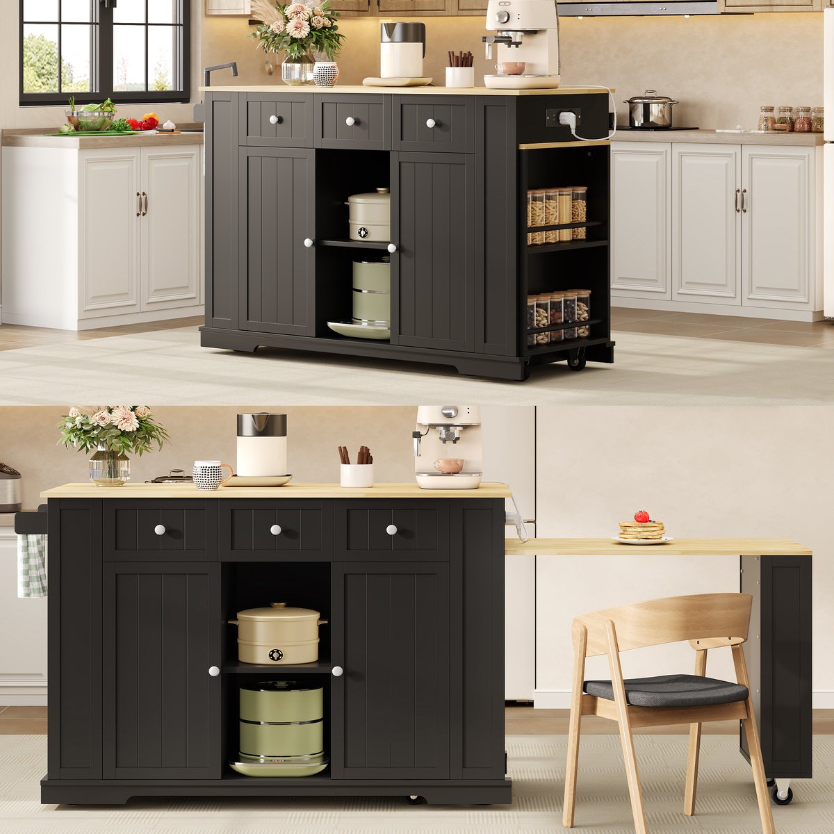 VVBV Keukentrolley 138x55x93 cm - Op Wielen, Opbergruimte, USB-Aansluiting, Stopcontact - Zwart/Naturel, MDF