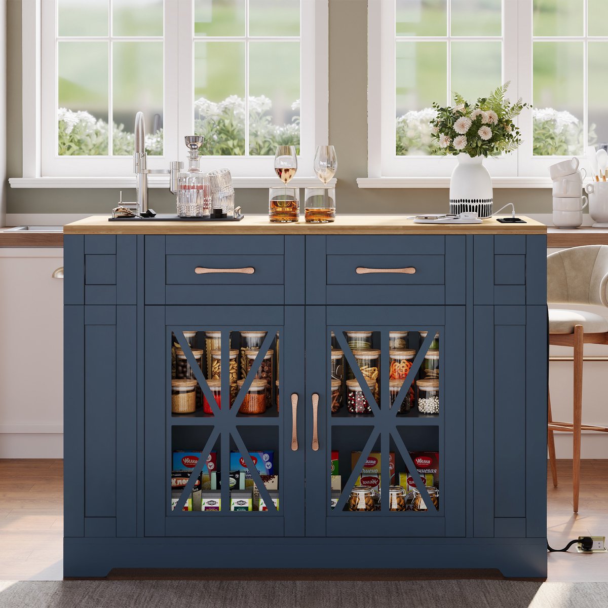 VVBV Keukentrolley 120x65x92 cm - Op Wielen, Inklapbaar Werkblad, Opbergruimte, USB-Aansluiting - Blauw, MDF