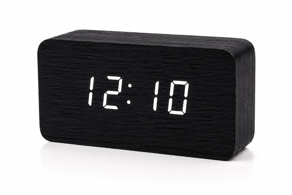 AXBO Digitale Houten Wekker – 3 Alarmen – Snooze – Sound Control – LED Display – USB + Adapter Inclusief- Zwart