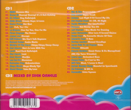 CD hoes met twee CD's, 'CD1' en 'CD2', met tracklijsten. Bovenkant oranje, onderkant roze met golven.