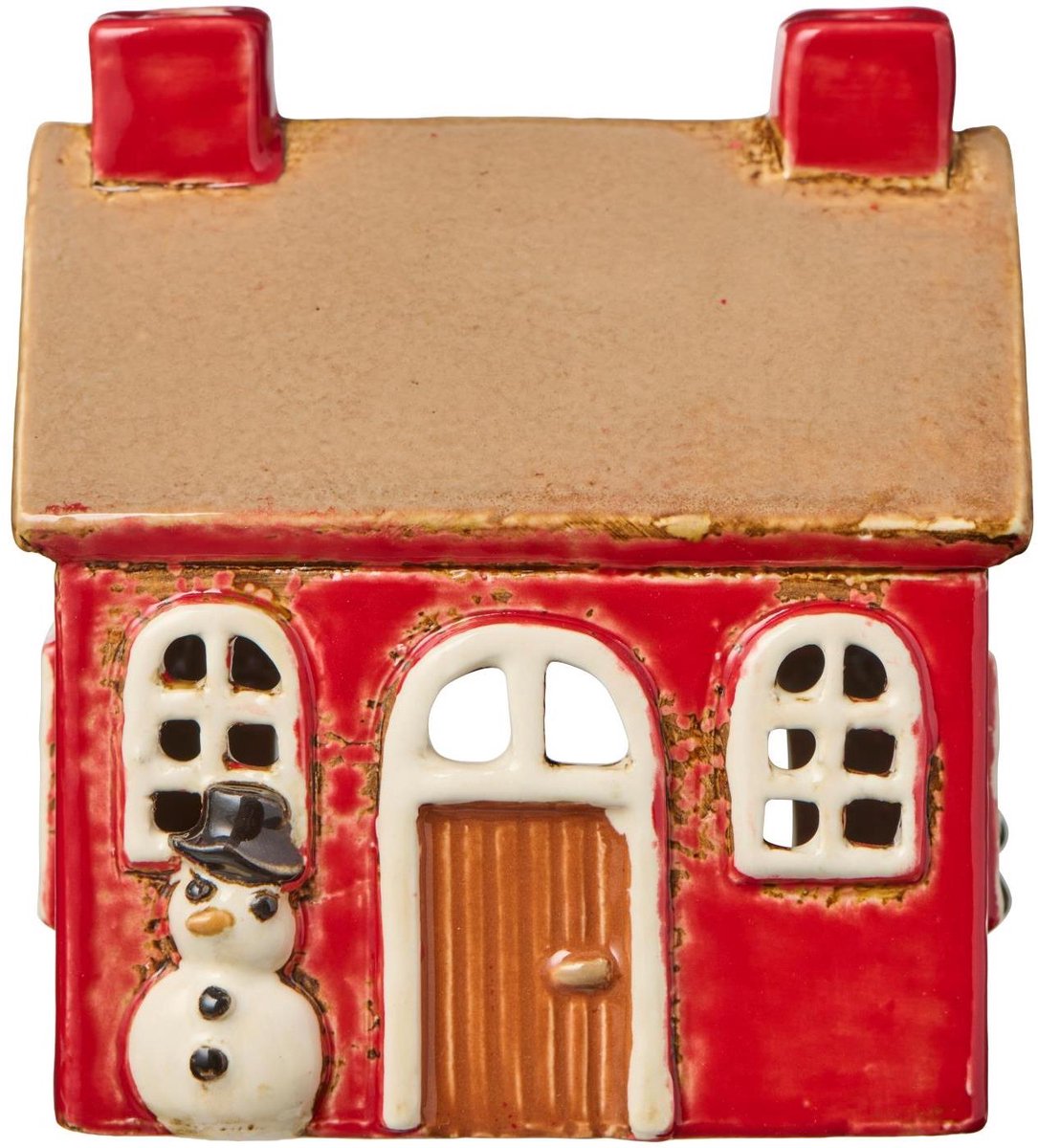 Ib Laursen - Keramieken Huisje - Kerst - Rood met Sneeuwpop - Waxinelichthouder