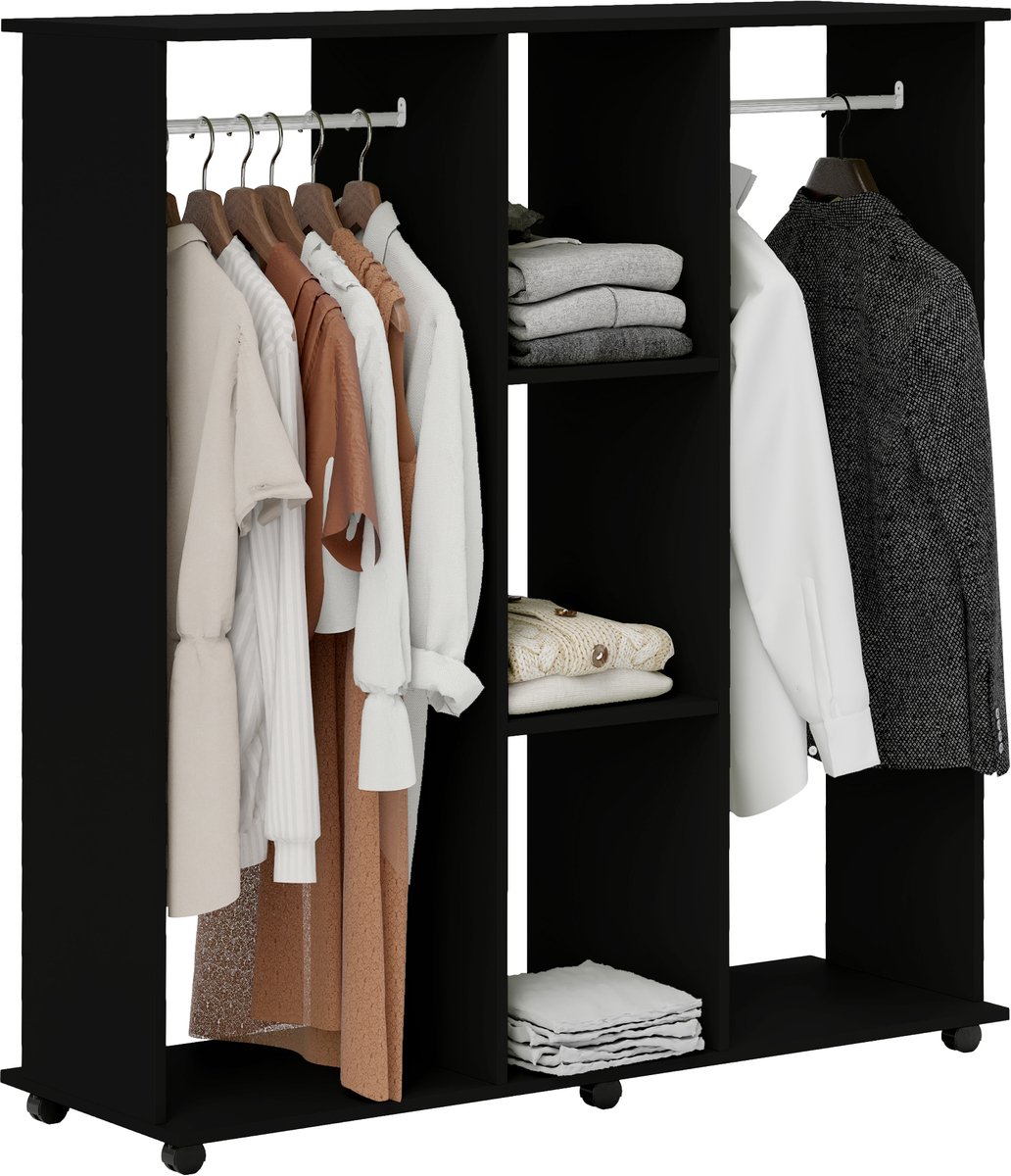 HOMCOM - Kledingrek op wielen - Hout - 120x40x128cm - Zwart