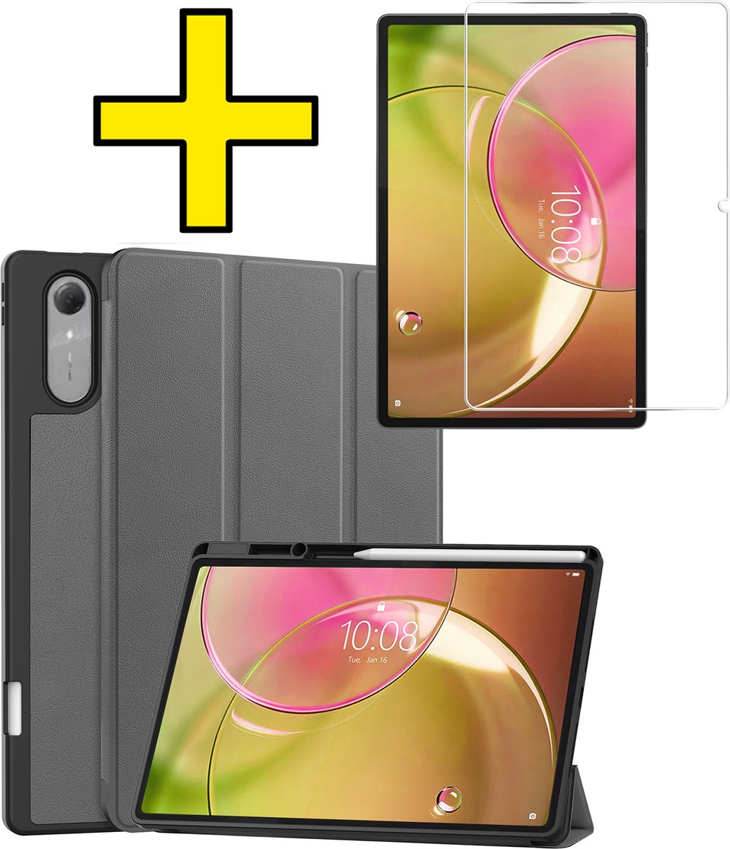 Hoes - Geschikt voor Lenovo Idea Tab Pro Gen 2 - Met Screenprotector - Trifold Bookcase - Hard Cover Case - Met Uitsparing Geschikt voor Lenovo Pen - Hardcover Book - Tablet Hoesje - Grijs