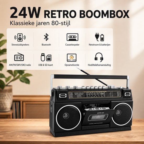 Retro Boombox met Cassette en Radio – Bluetooth Streaming – 24W Dual Fullrange Speaker — afbeelding 3