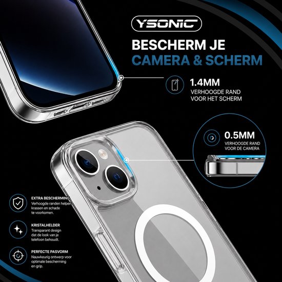 Doorzichtige iPhone 14 hoes met MagSafe ring, met focus op verhoogde randen voor camera en scherm.