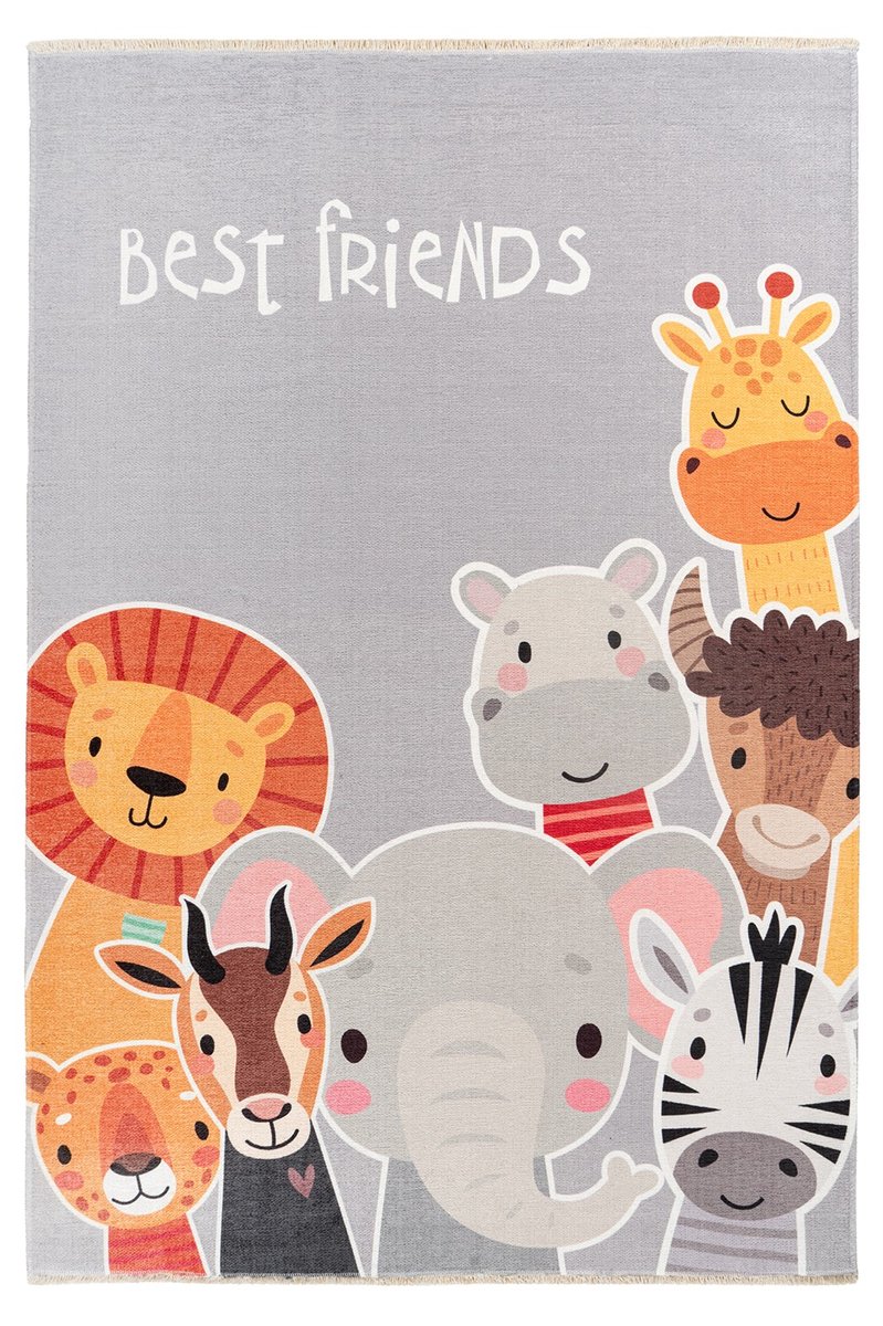 Padiro kindervloerkleed 115 x 170 cm - meerkleurig - speels kindermotief - met dierenmotief / best friends - met franjes - van gerecycled katoen en polyester