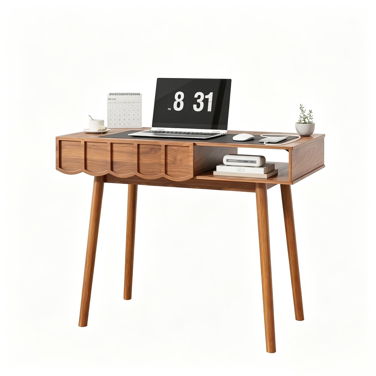 Home & Beyond® Bureau met Lade - Walnoot Schrijftafel - Kaptafel en Werktafel - Retro Werkstation met Open Opbergvak - Houtkleur - 109x56x76 cm