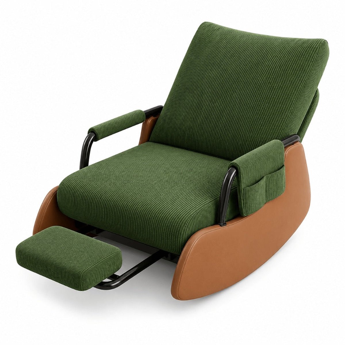 Home & Beyond® Vloer Loungestoel - Opvouwbare Schommelstoel - Luie Stoel met Uittrekbare Voetensteun - Corduroy Leesstoel met Zijvak - Groen