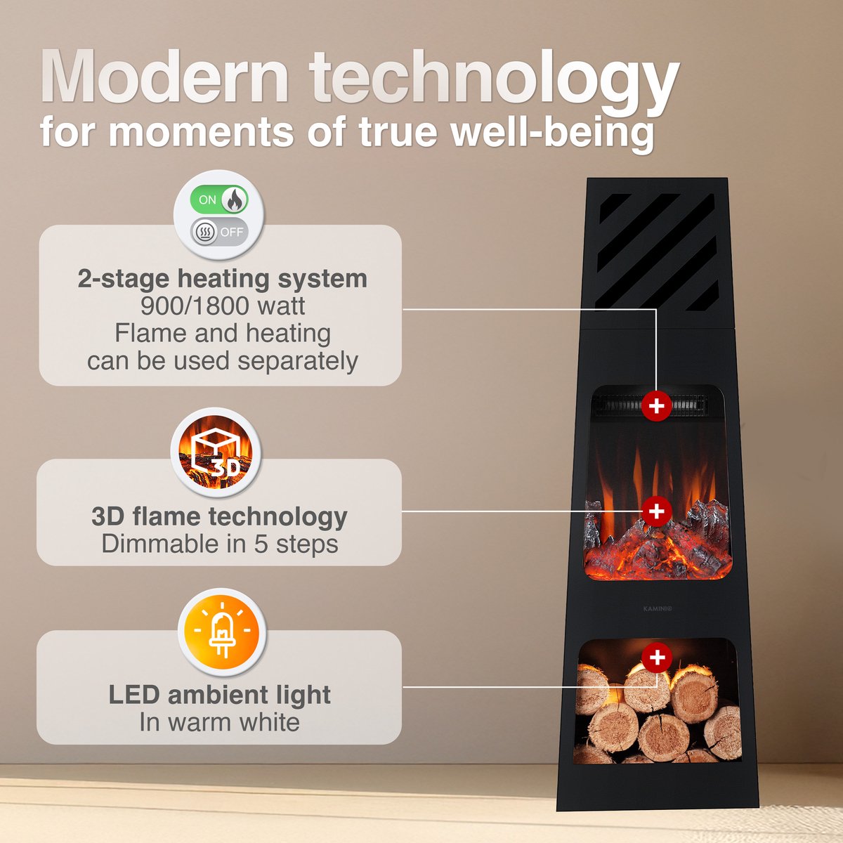 KAMINIO® Kai XL elektrische haard met verwarming [elektrische tuinhaard zwart] - Vrijstaande elektrische haard met verwarmingselement, 3D-vlameffect in 5 standen, houtopslagvak met ledverlichting, timer, thermostaat en afstandsbediening