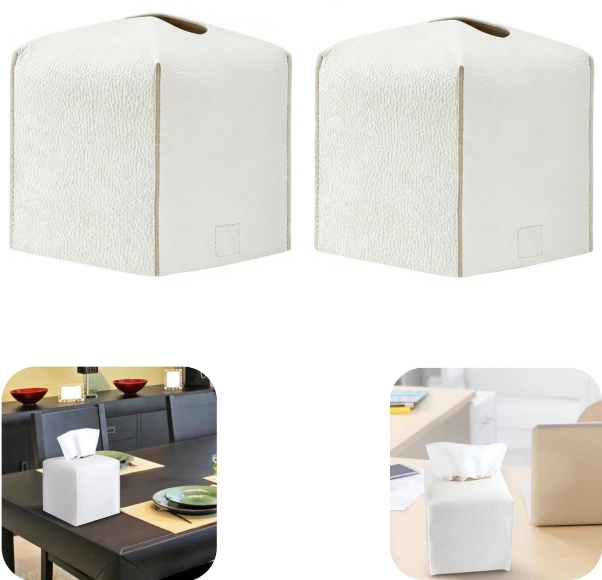 2 stuks zakdooshouder - lederen zakdooshouder - waterdichte zakdooshouder - slaapkamer zakdooshouder - zacht - slijtvast - waterdicht - woonaccessoires - geschikt voor nachtkastje, kaptafel, slaapkamer (wit, 13*13cm)