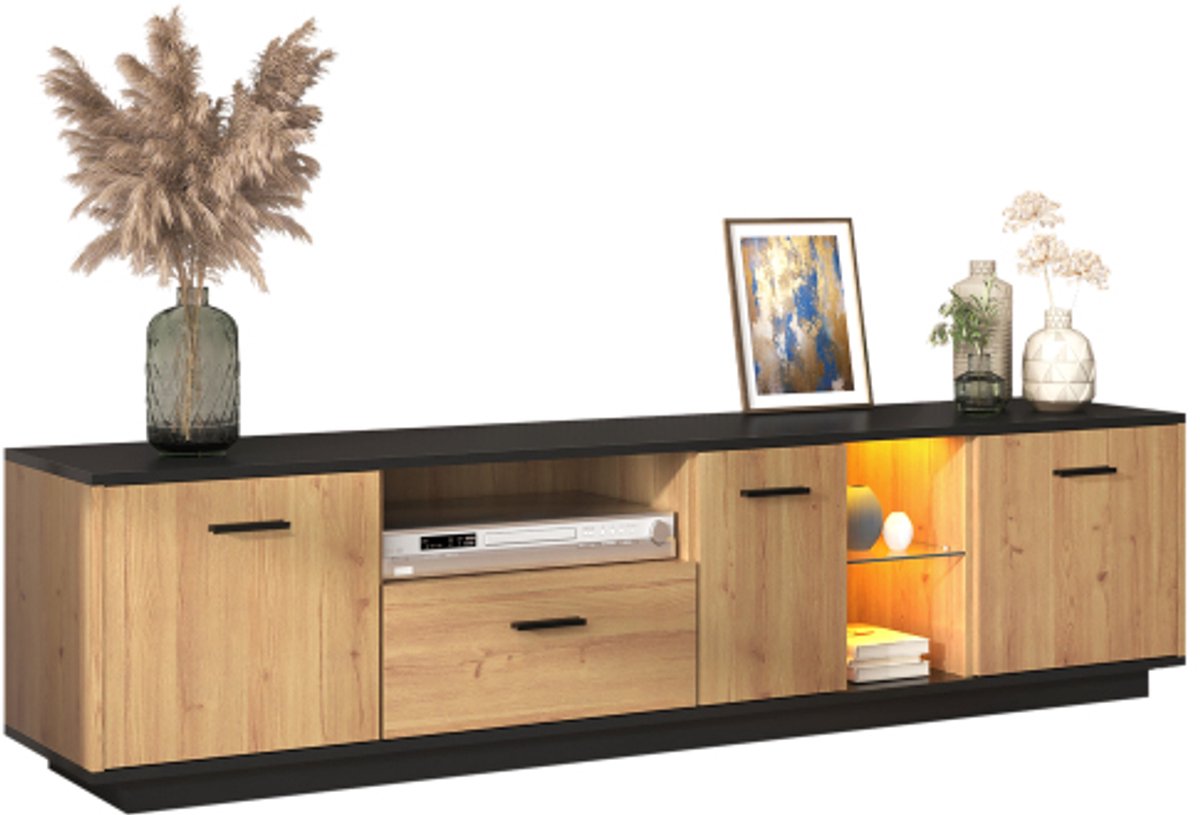 Colamy TV Kast - TV-Lowboard - 3 Deuren - 1 Lade - Glasplanken - 16 Kleuren LED-Verlichting - Moderne Houtlook - Zwart Design