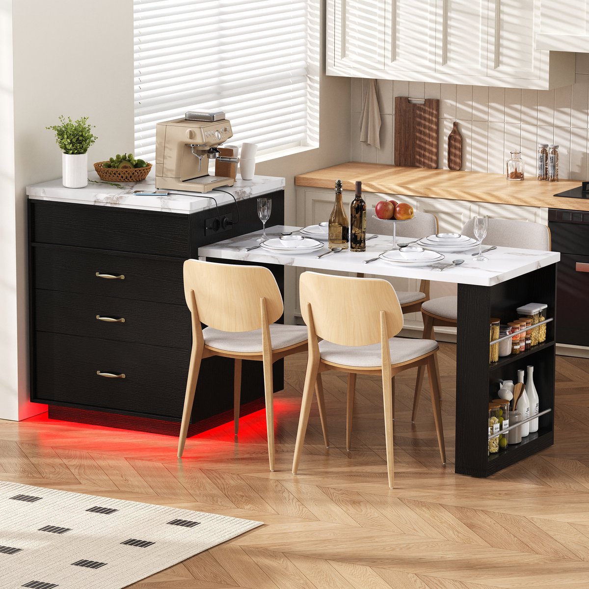 Clruro Eettafel - 125,5-187,5 × 71 × 93 cm - Uitschuifbaar met LED en USB - MDF - Zwart