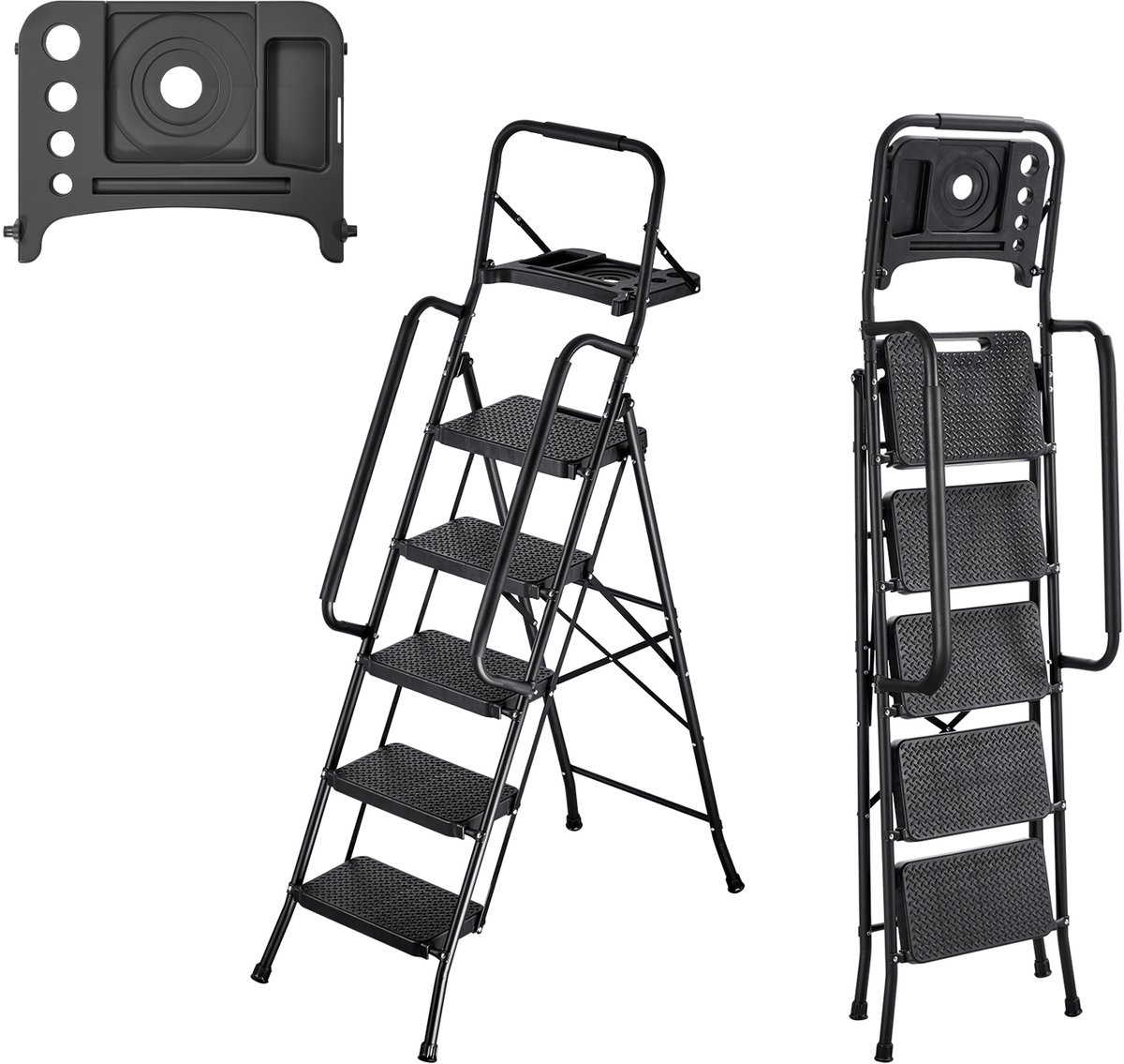 5-Treden Opvouwbare Ladder met Gereedschapsplank, Dubbele Leuningen, Veilige Huishoudtrap, Inklapbare Ladder voor Keuken, Woning en Kantoor, Zwart