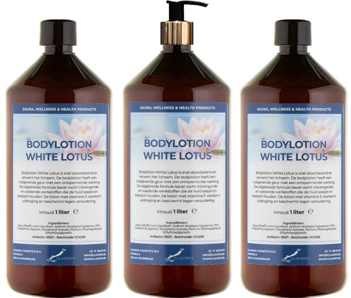 Bodylotion White Lotus 1 Liter - met gouden pomp - set van 3 stuks