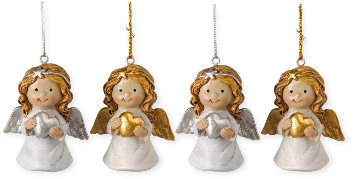Boltze - Kersthangers - Engel - Set van 4 - Goud & zilver - Polyresin - 5.5x4.5cm - Kerst - Cadeau