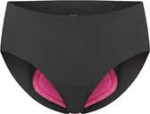 Zwarte damesfietsonderbroek met een roze zeem in de kruiszone voor extra comfort tijdens het fietsen.