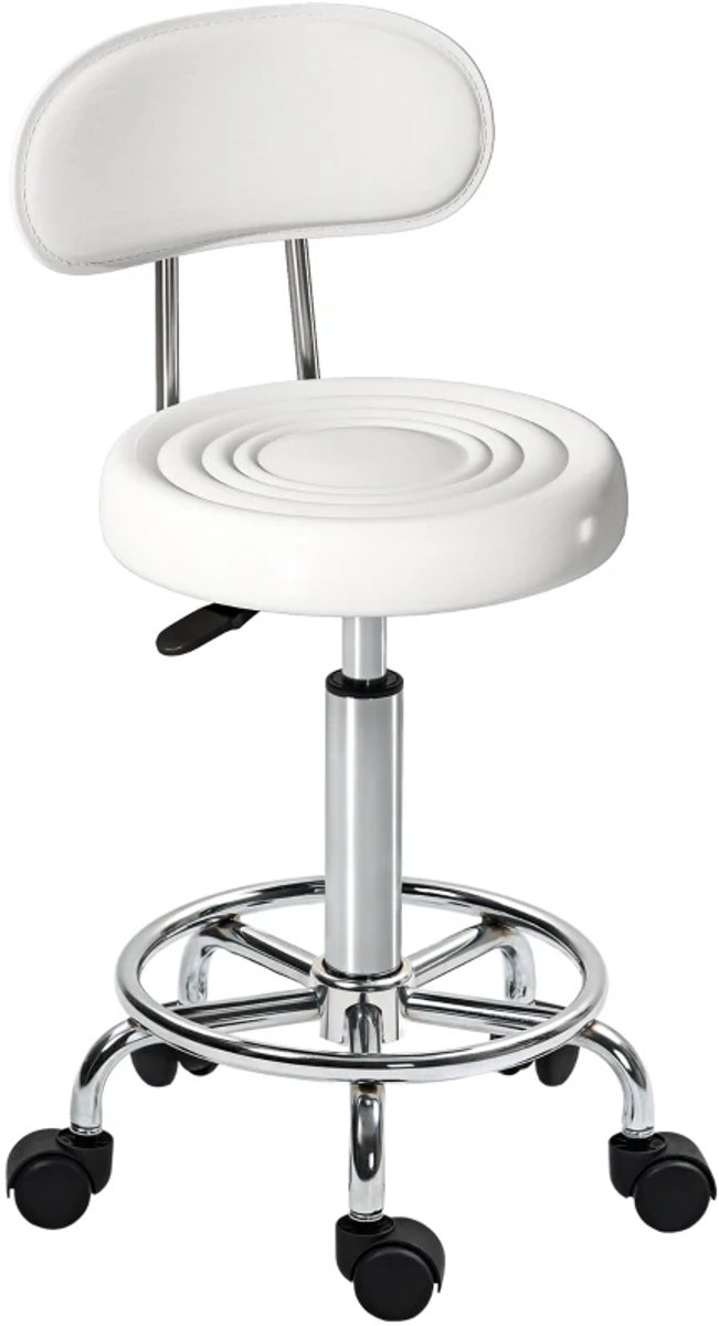Zadelkruk op Wielen - Zadelstoel met Rugleuning & Voetensteun - Kapperskruk - Tabouret - In Hoogte Verstelbaar - 360° Draaibaar - Kruk Stoel - Draaikruk - Werkkruk - voor Kaptafels, Kantoor, Salon, Massage, Spa - Wit