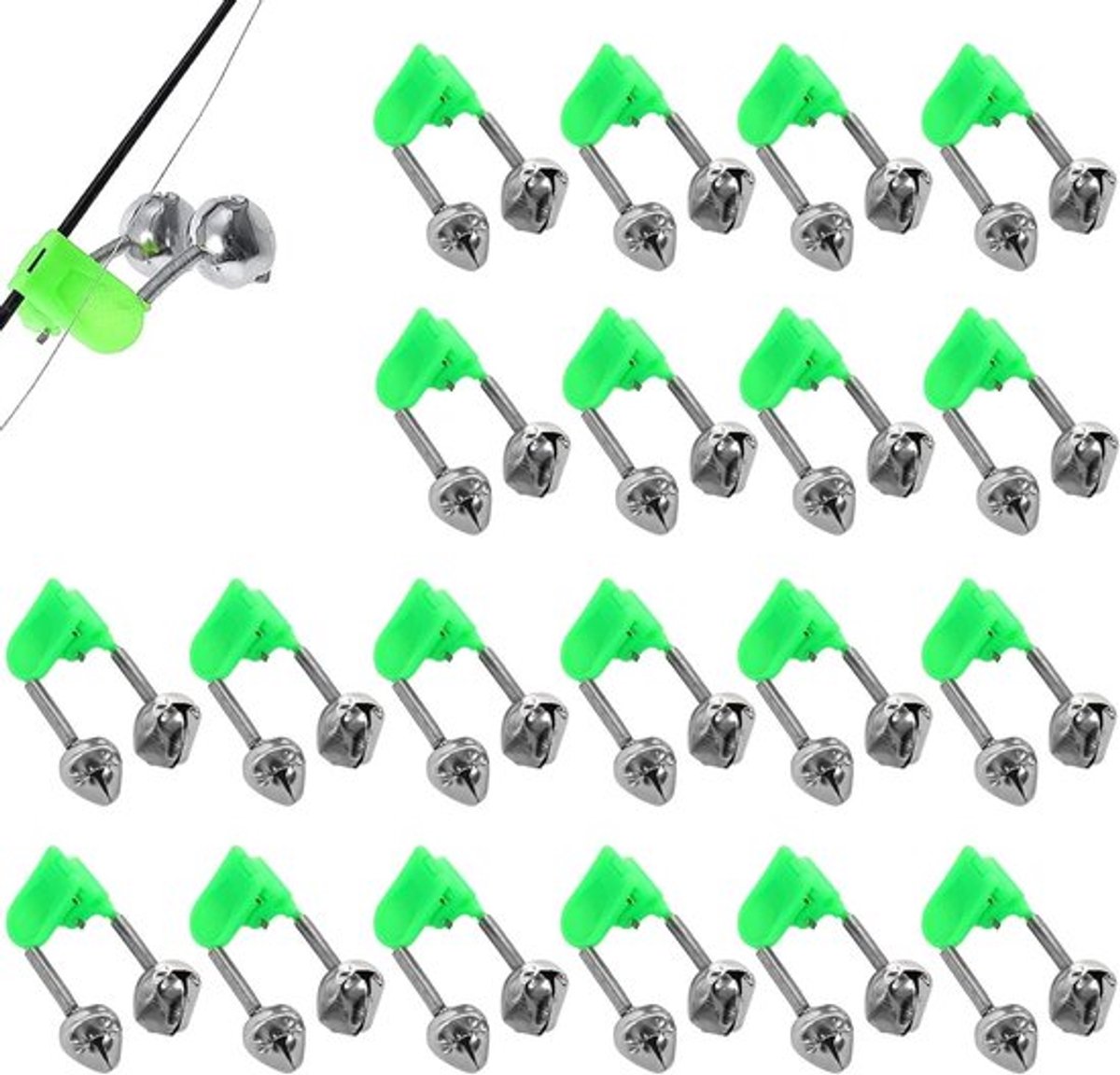 Nachtvisserij Aankondigingsbellen voor Hengels - 20 Stuks met Klem en Glowstick Houder, Ideaal voor Verschillende Hengels, Perfect voor Actieve Vissers