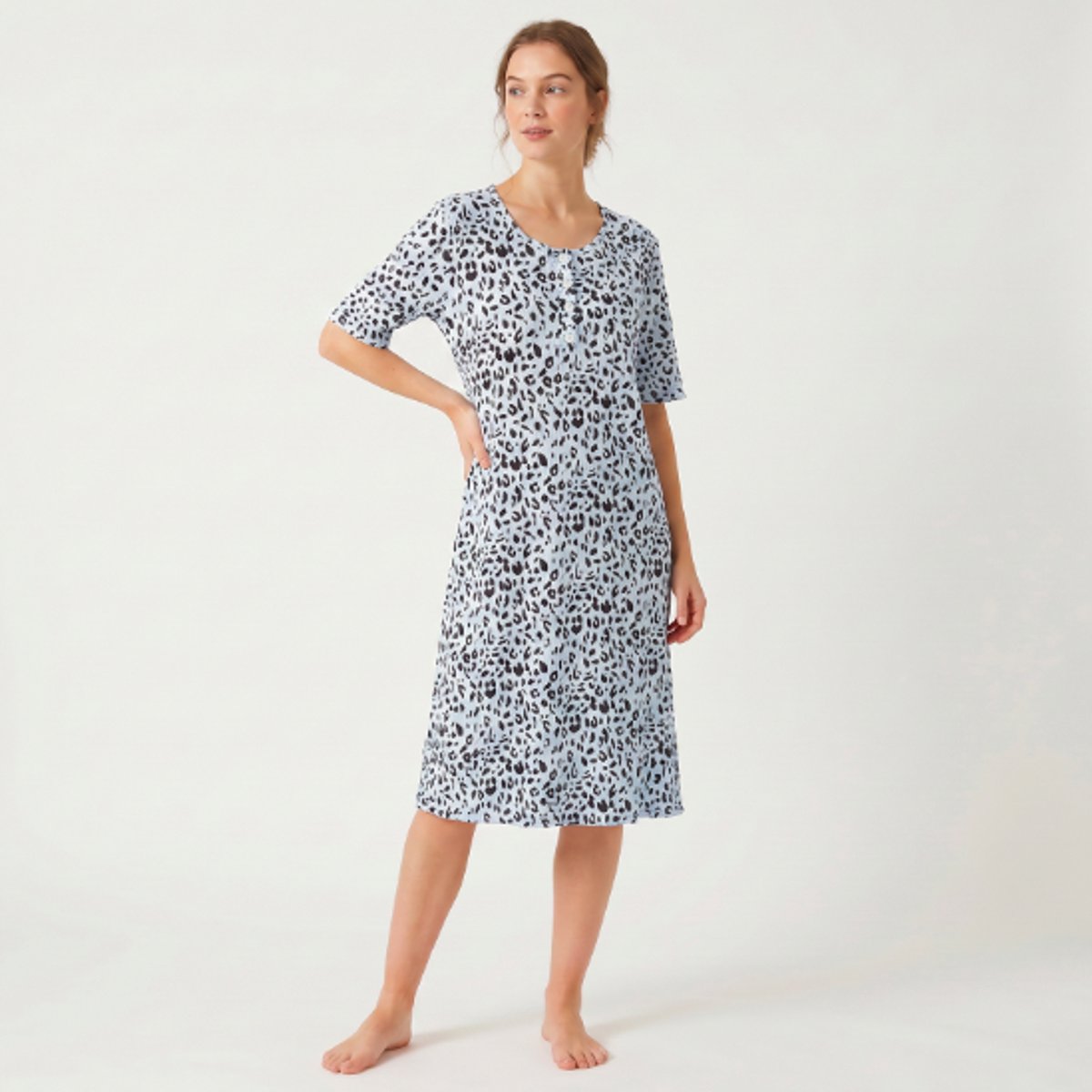 Dames nachthemd korte mouw met blokprint M 38-40 grijs/groen