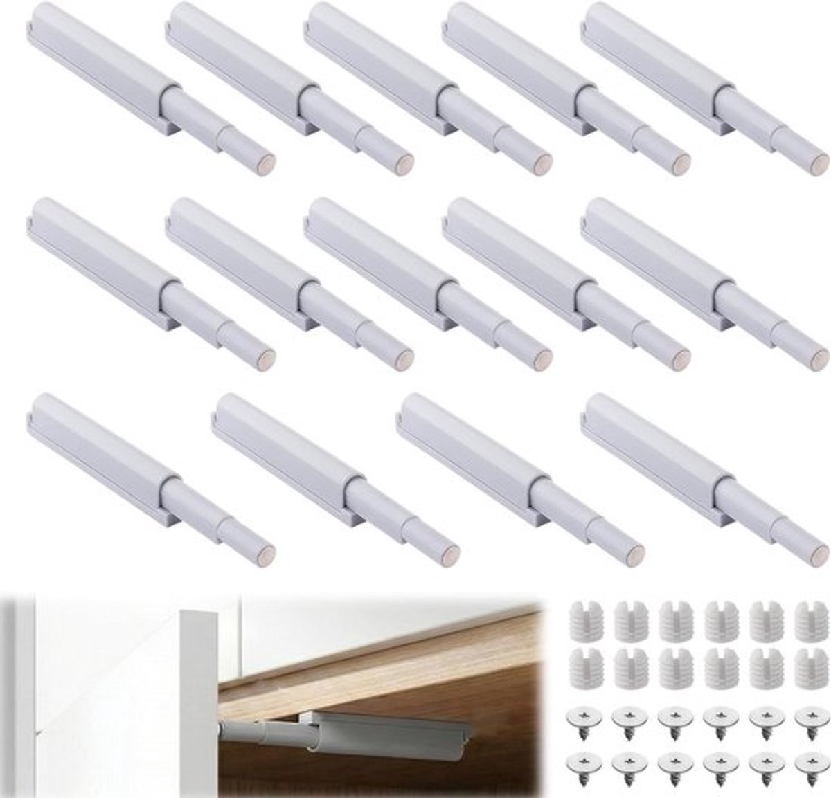 Deuropener met Push to Open functie, 14 stuks ontgrendelingsgrendels voor kastdeuren, keukenkasten en lades, grijs met magnetische sluiting
