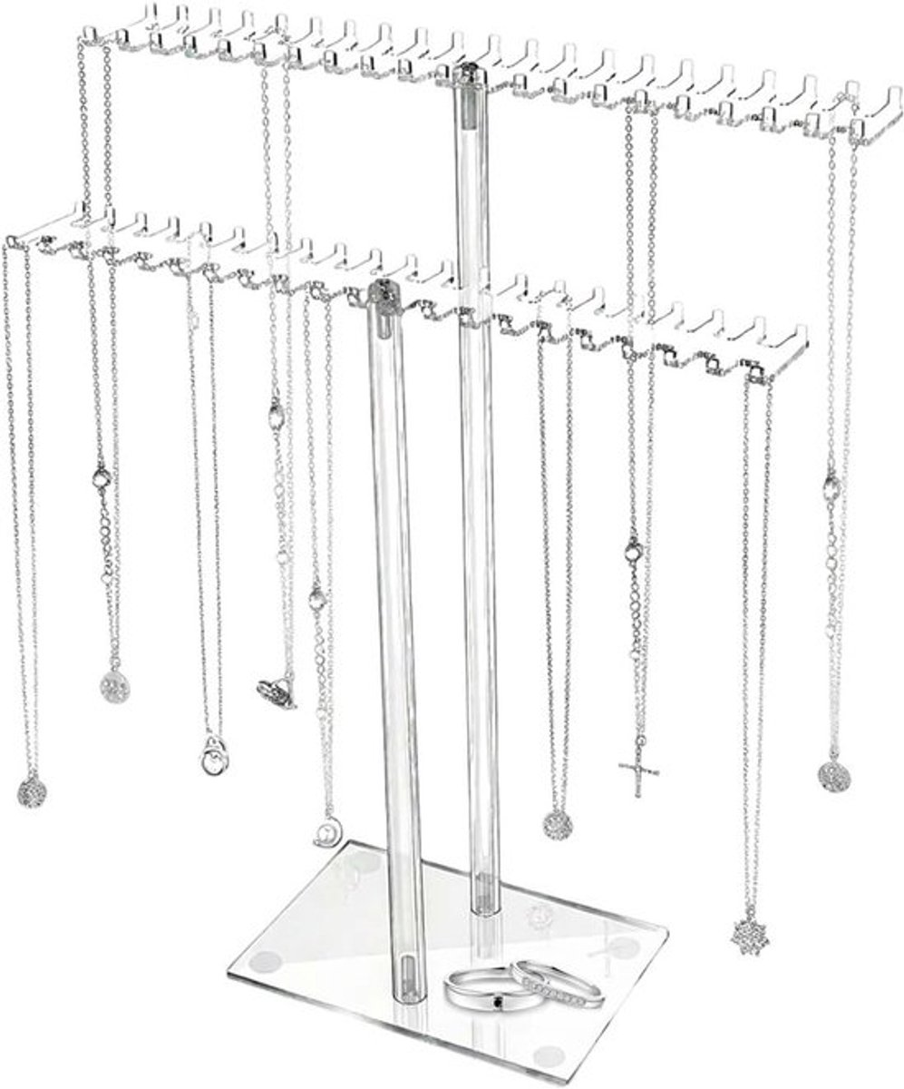 Dubbele ketting- en oorbellenhouder, transparante sieradenstandaard voor kettingen, armbanden en oorbellen, ideaal voor op tafel en in de slaapkamer
