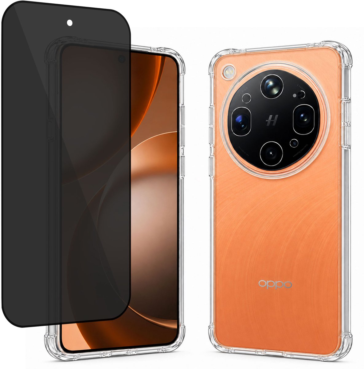 Hoesje met Privacy screenprotector geschikt voor OPPO Find X9 Ultra - Luchtkussens - Siliconen Hoes - Gehard Glas - Transparant
