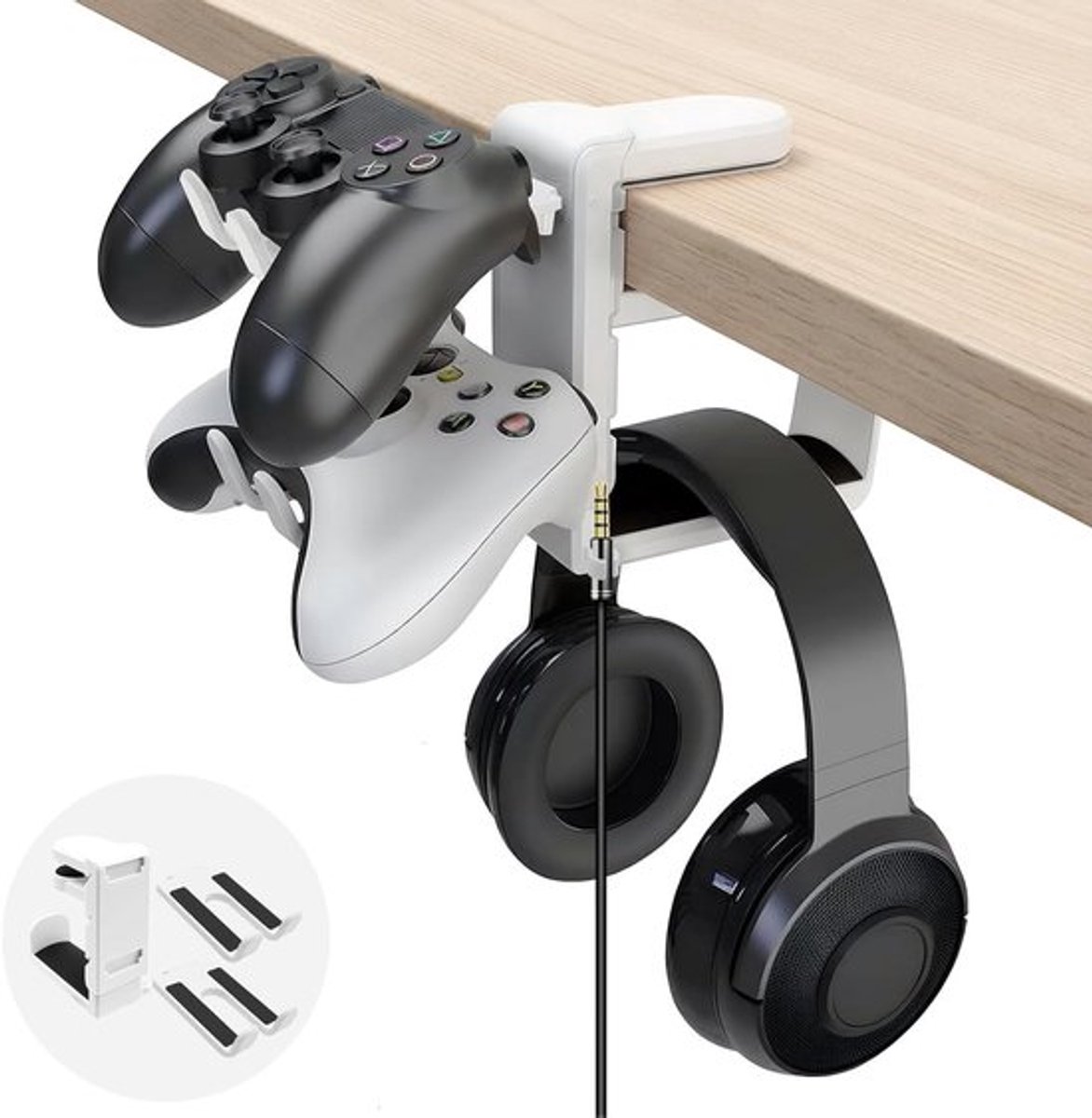 2-in-1 Hoofdtelefoonstandaard en Controllerhouder met 360° Rotatie, Tafel met Kabelorganizer, Universele Gaming Accessoires in Wit