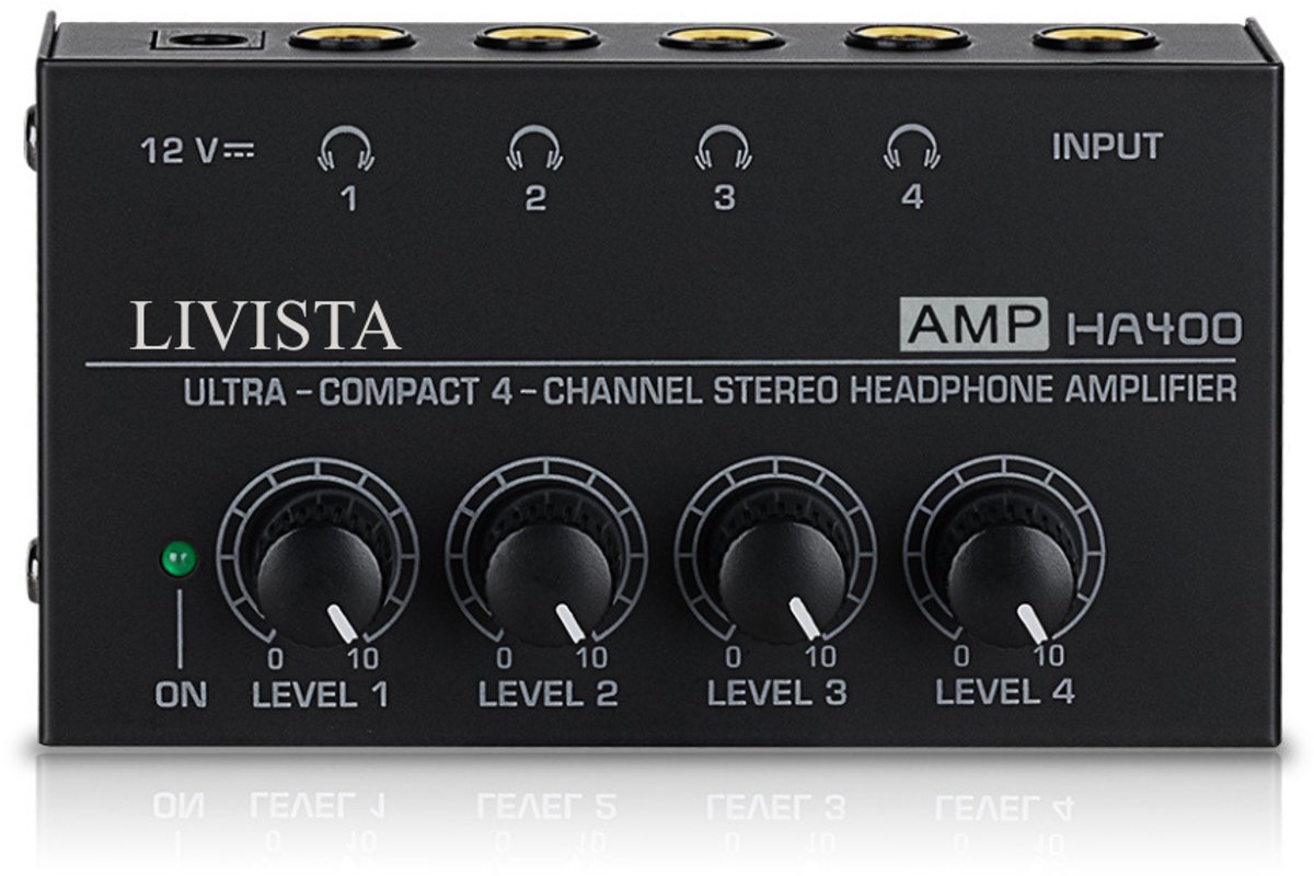 Livista Audio Versterker 4 Kanaals – Hoofdtelefoonversterker – Audio Splitter 4 Weg – 6,35 mm Jack – Microfoon & Instrument Versterker – Studio Audio Hub