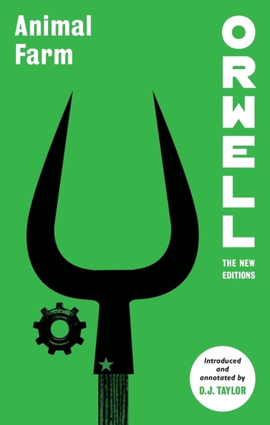 Animal Farm ORWELL THE NEW EDITIONS, een boek met een groen omslag, een zwarte drietand en een tandwiel.