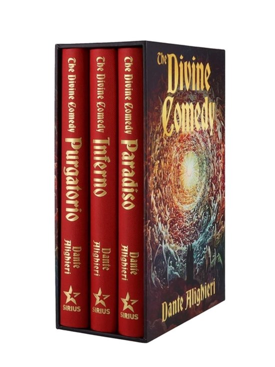 Set van drie boeken, 'The Divine Comedy', in het rood met gouden letters: Inferno, Purgatorio, Paradiso. Dante Alighieri.