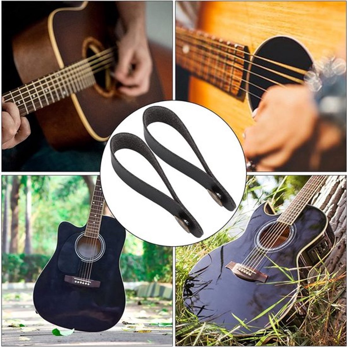 Zwarte Leren Gitaarband voor Akoestische Gitaar - 2 Stuks - Verstelbare en Duurzame Hoofdklem en Band Tie