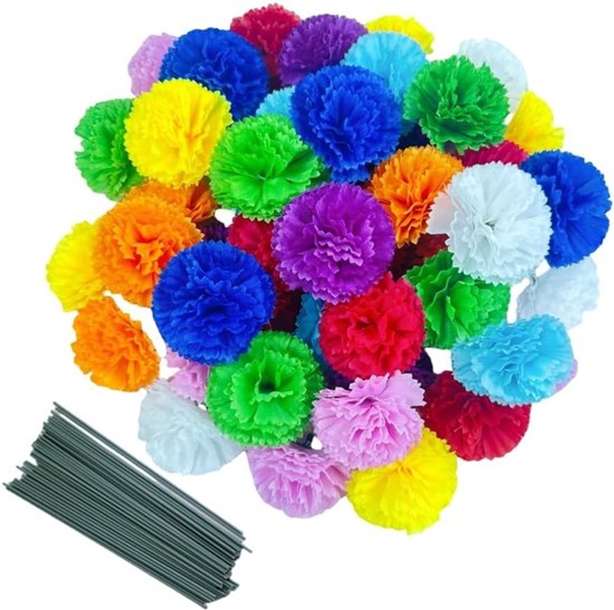 50 Kunstzijde Anjers met Steel Set, Vaasvullers voor Thuisdecoratie, Bruiloft en Verjaardag Versieringen, DIY Polscorsage, 3 Inch Bloemkoppen voor Creatieve Projecten