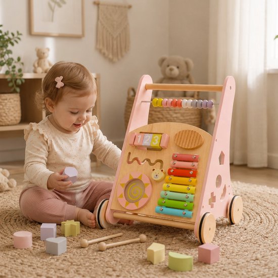 Rijoka Loopwagen Hout voor Baby +/- 1 jaar - Babywalker - Educatieve looptrainer - Anti-Slip wieltjes - 38 x 32 x 46cm - Roze van Rijoka — afbeelding 3