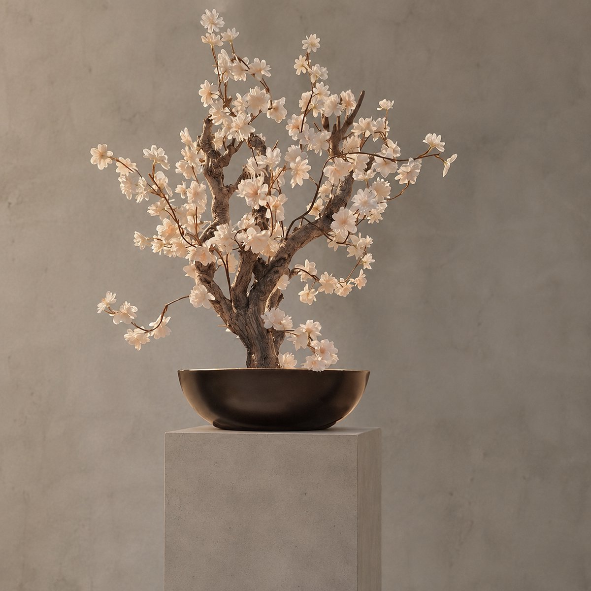 Kunstbloesemboom Champagne – Echte Houten Stam – Zwart Gouden Schaal – Seta Fiori