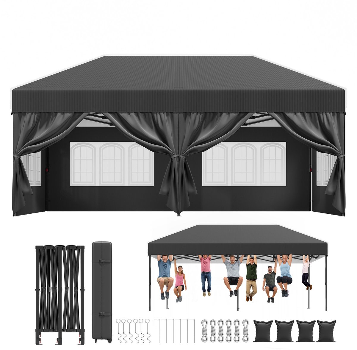Devoko Luxe Partytent Waterdicht & UV - Easy Up opvouwbaar Tuinpaviljoen 3x6 m met 6 Zijwanden – Opbergtas op wieltjes – Geschikt voor feesten-kamperen-tuin-terras – Grijs