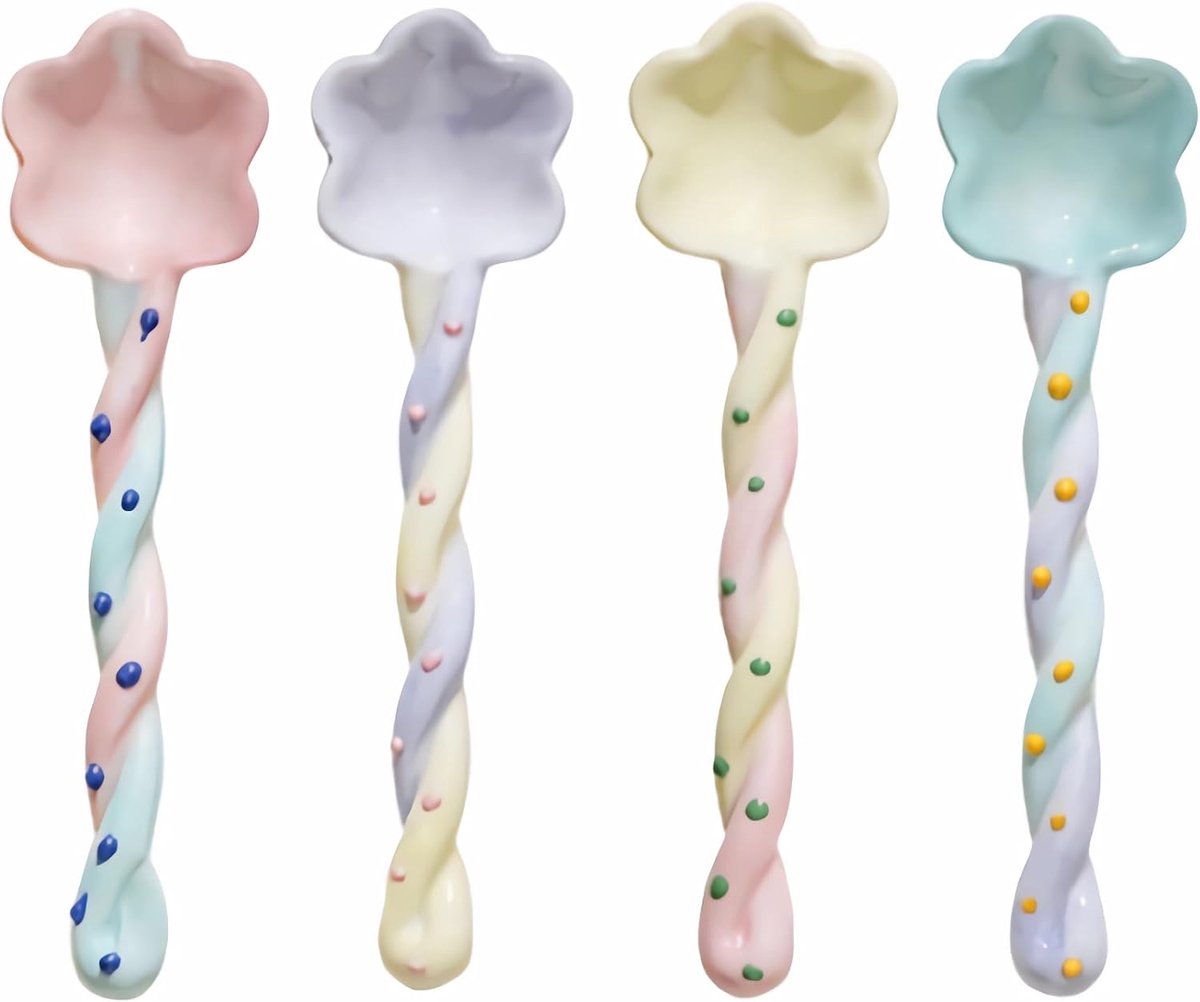 Keramische schattige kleine soeplepel, kleurrijke Japanse lepel, graan lange handvat lepel set, geschikt voor dessert 4 stuks