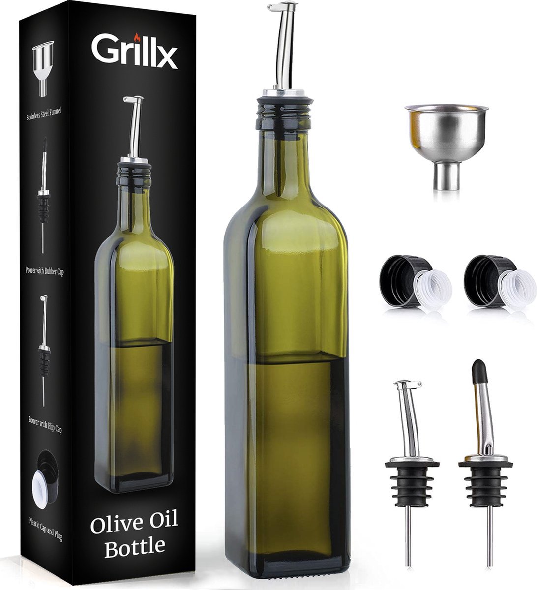 Grillx Olijfolie fles met schenktuit - 500ml - Glazen Oliefles - Inclusief Schenkteut, Trechter & Accessoires - BBQ Accesoires - Sprayer