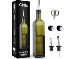 Grillx Olijfolie fles met schenktuit - 500ml - Glazen Oliefles - Inclusief Schenkteut, Trechter & Accessoires - BBQ Accesoires - Sprayer