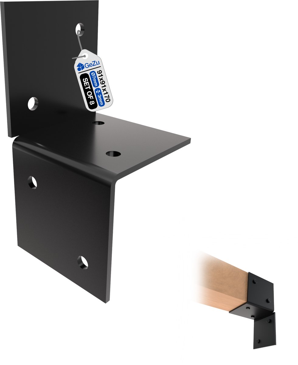 GeZu Impex Houtverbinding T Stuk 91x91mm Set van 8 Antraciet Poedergecoat T-Verbindingsbeugel Muur- & Paalverbinder voor Houten Constructies