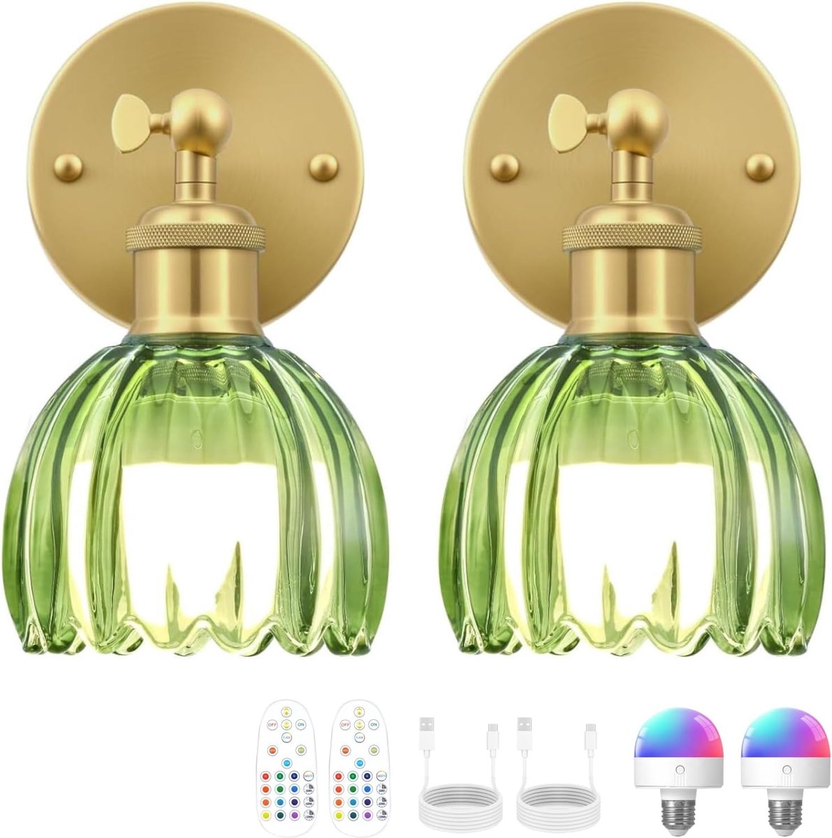 Vintage Draadloze Wandlampen - Groene Tulip Glazen Kap - Oplaadbaar met Afstandsbediening - Dimbare LED voor Bedside, Slaapkamer, Gang -2 Stuks
