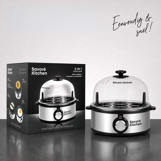 Zilverkleurige Savoré Kitchen 4-in-1 eierkoker met glazen deksel, bedieningsknop en indicatorlampjes.