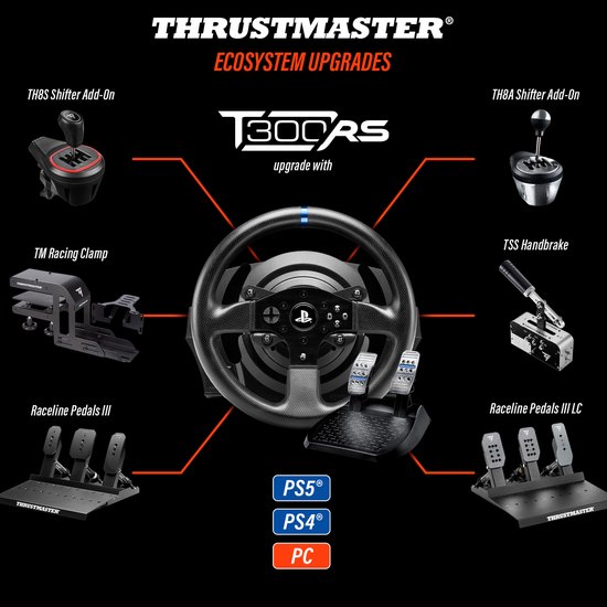 Thrustmaster T300 RS GT Force Feedback Racing Wheel - Officiële Gran-Turismo licentie - PS5 / PS4 / PC - REALSIMULATOR Force Feedback - verwisselbaar stuur - borstelloze motor, systeem met dubbele riem - magnetische techniekwerkt met PS5-games van Thrustmaster — afbeelding 2