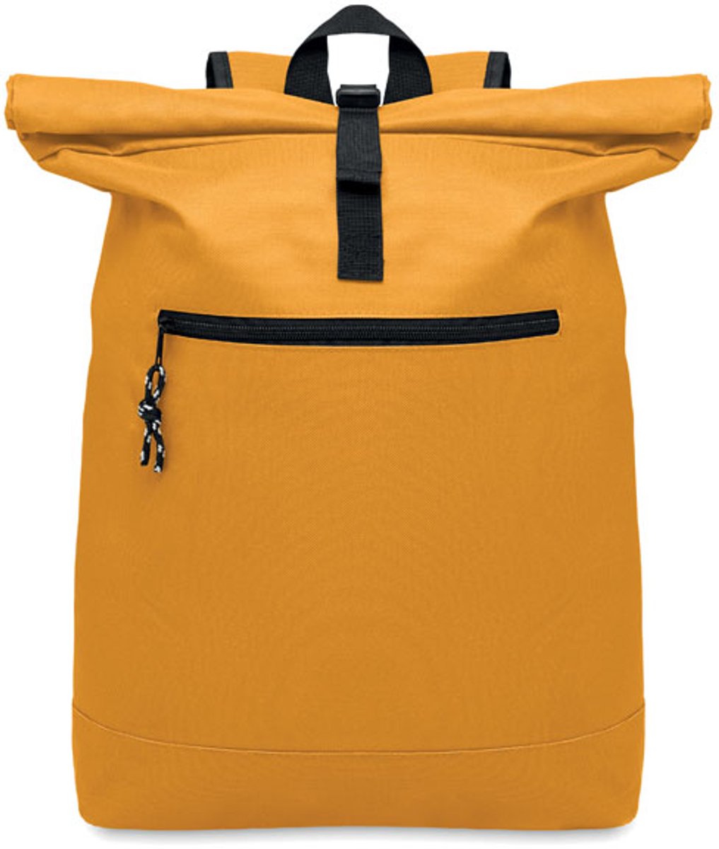 15 inch rolltop laptoprugzak van 600D polyester met gewatteerde achterkant en versterkte bodem. Afsluitbaar voorvak met rits. 210D voering. Oker