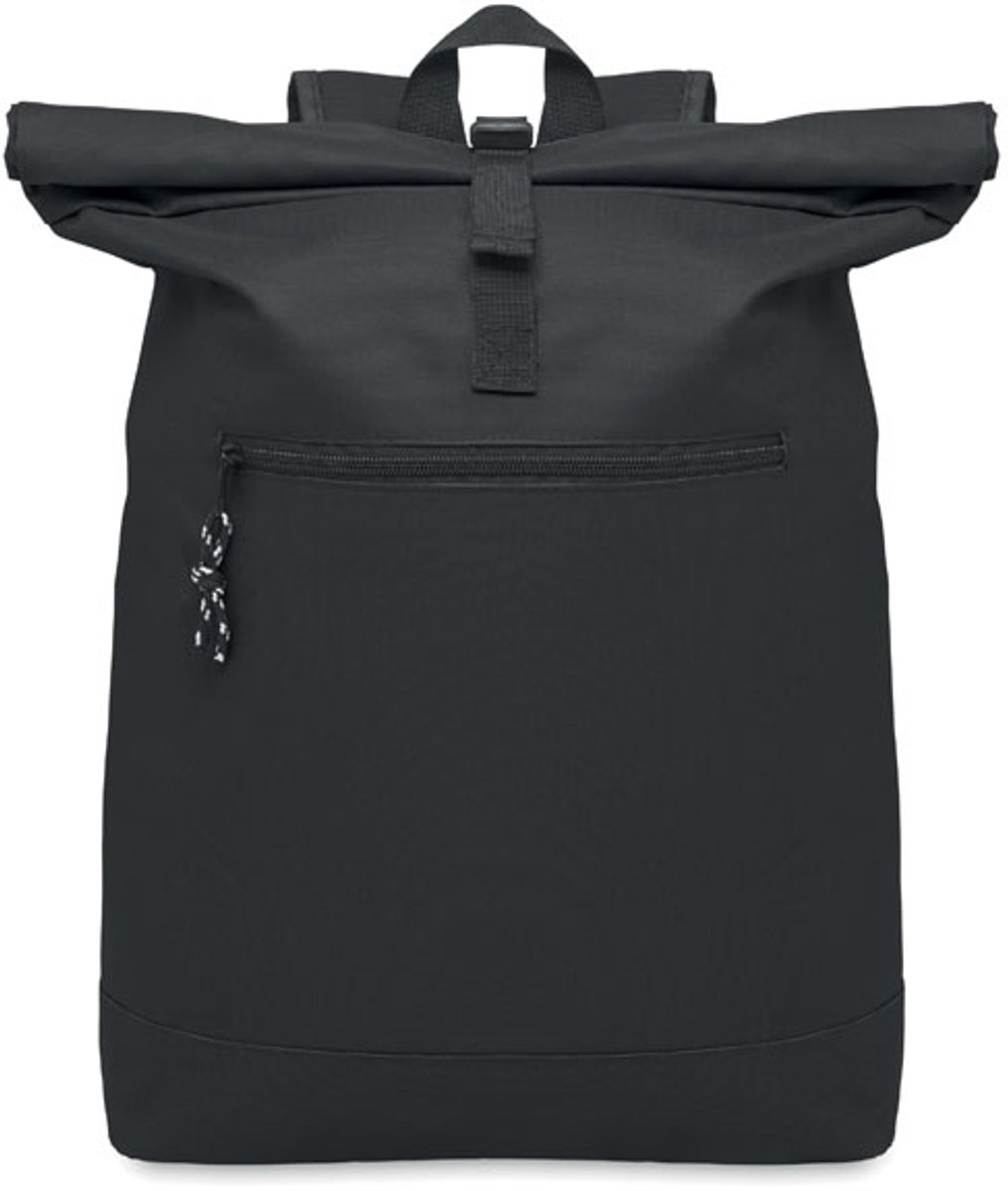 15 inch rolltop laptoprugzak van 600D polyester met gewatteerde achterkant en versterkte bodem. Afsluitbaar voorvak met rits. 210D voering. Zwart