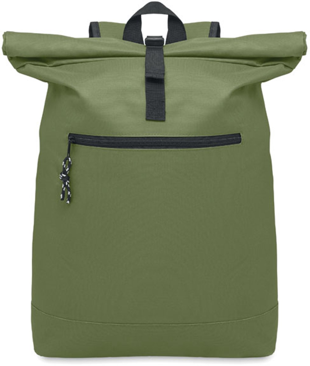 15 inch rolltop laptoprugzak van 600D polyester met gewatteerde achterkant en versterkte bodem. Afsluitbaar voorvak met rits. 210D voering. Army Green